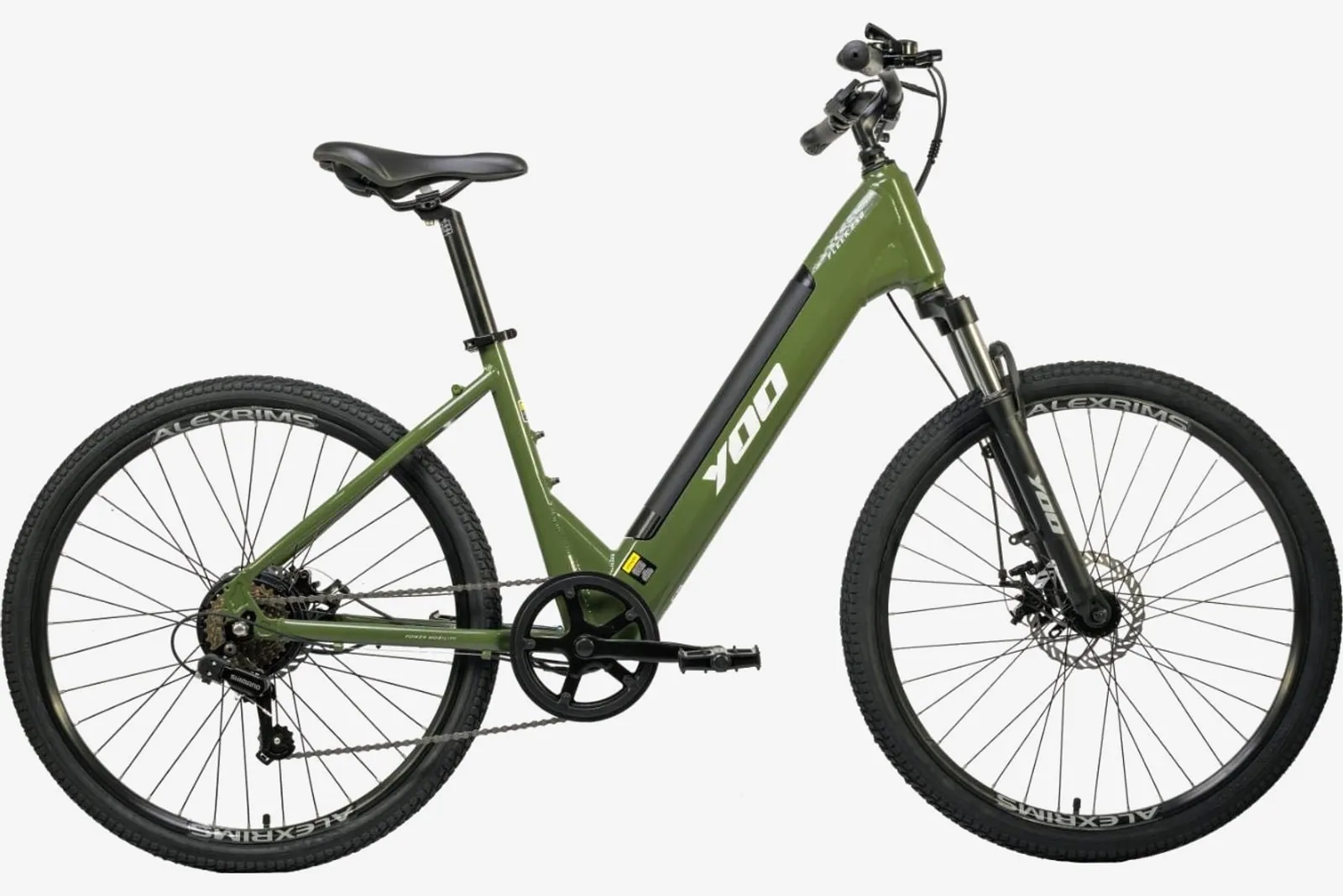Bicicleta elétrica Yoo Fleek verde-oliva, aro 26, com quadro rebaixado